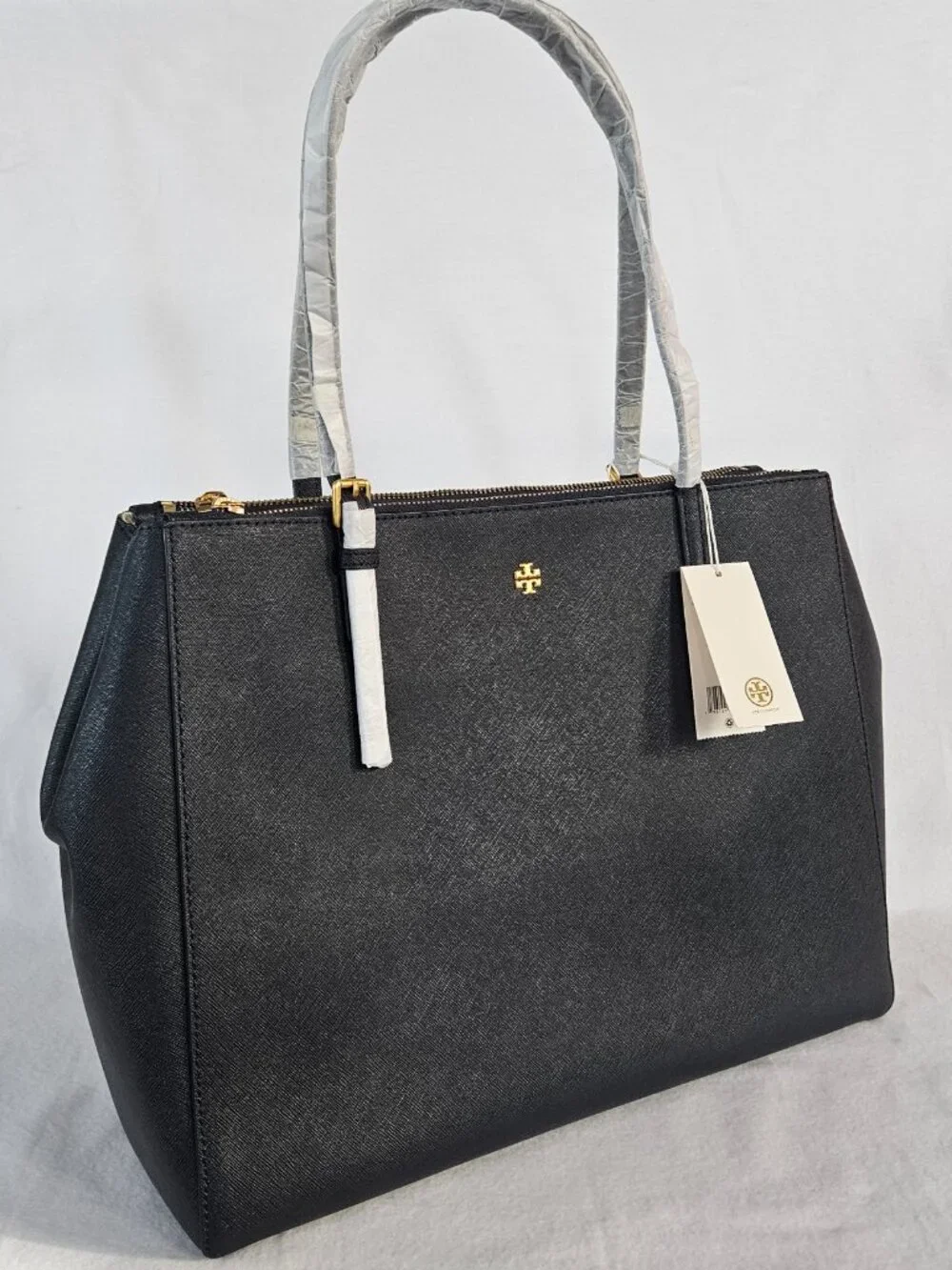 TORY BURCH Saffiano Leather Handbag Emerson Lg Double Zip Tote Navy Blue NWT